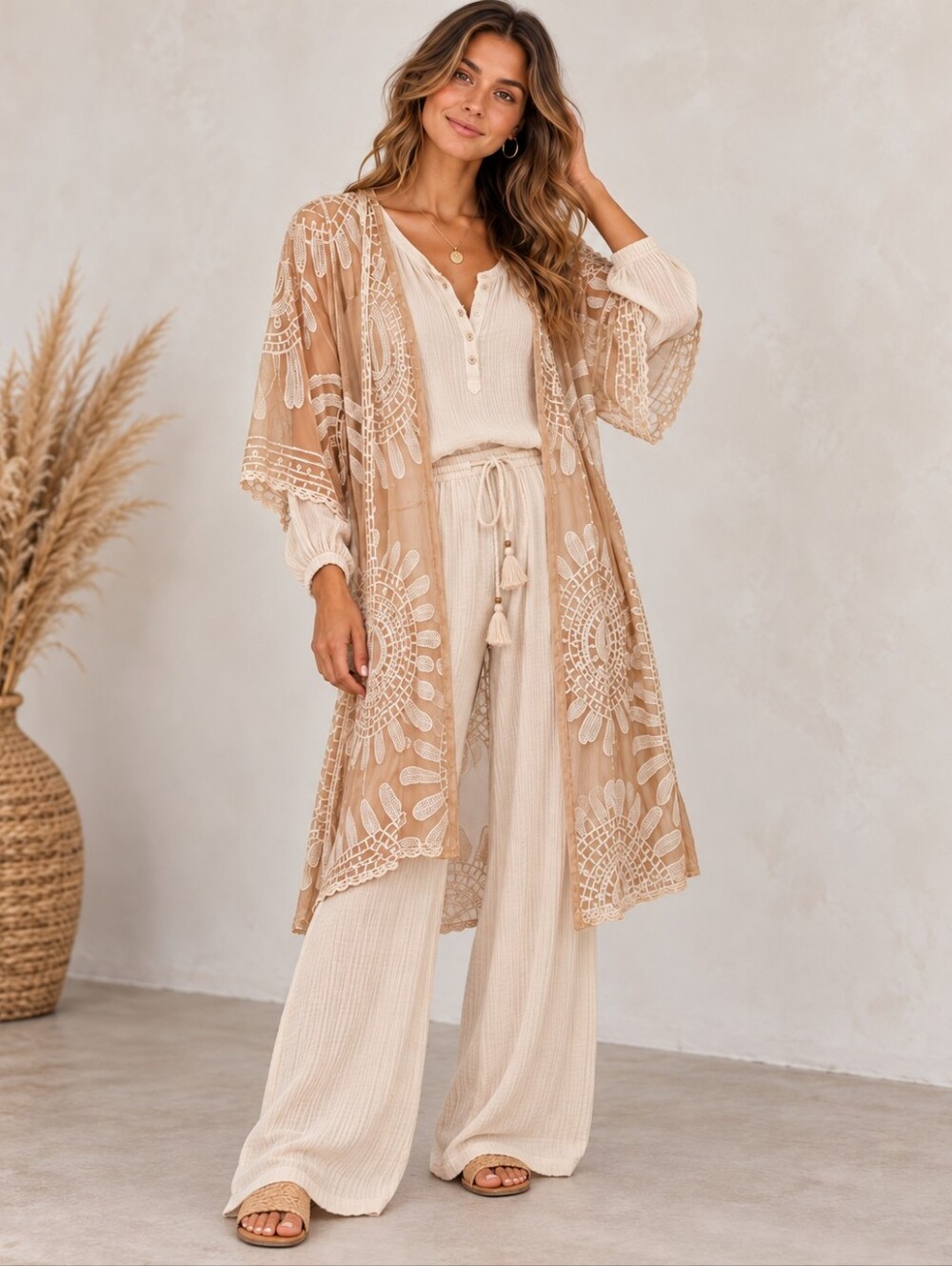 Rebellion Beige Sheer Lace Crochet Long Sleeve Dress